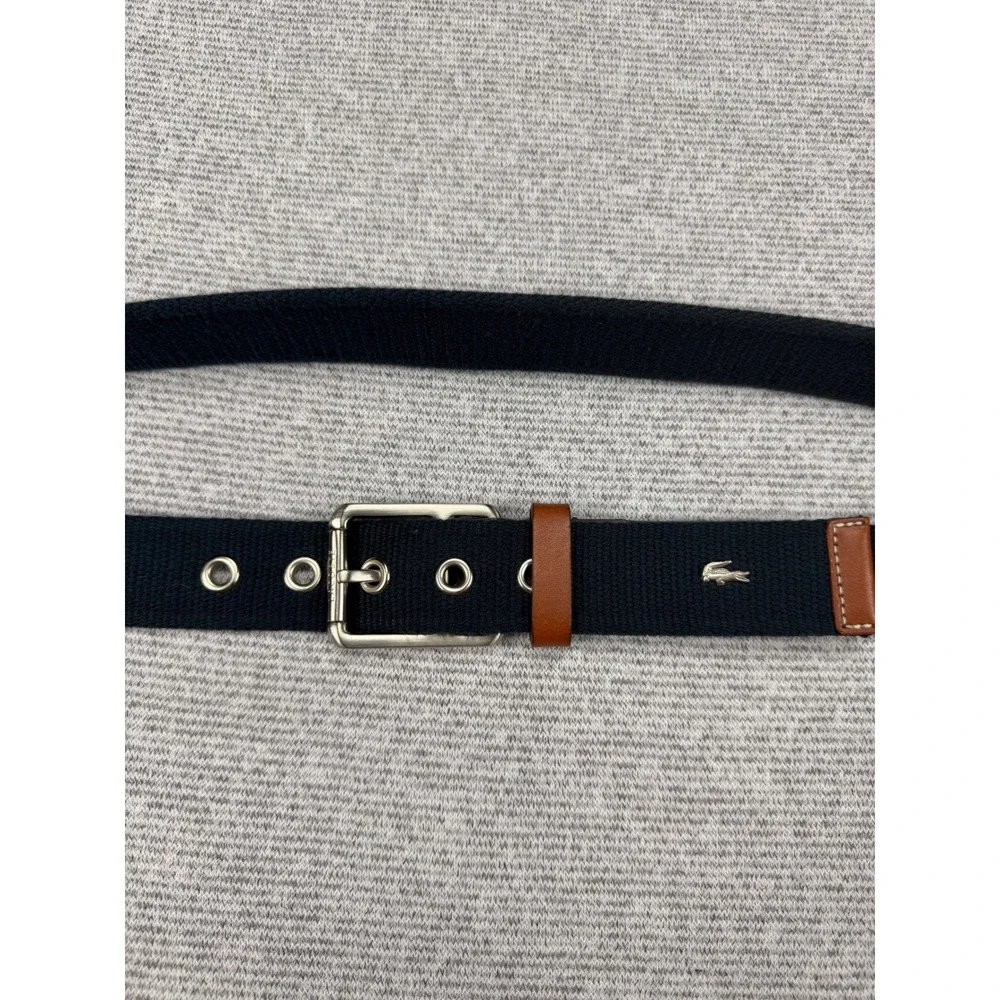 Lacoste Mens Navy Blue Webbed Belt Brown Leather Trim Logo Size 36